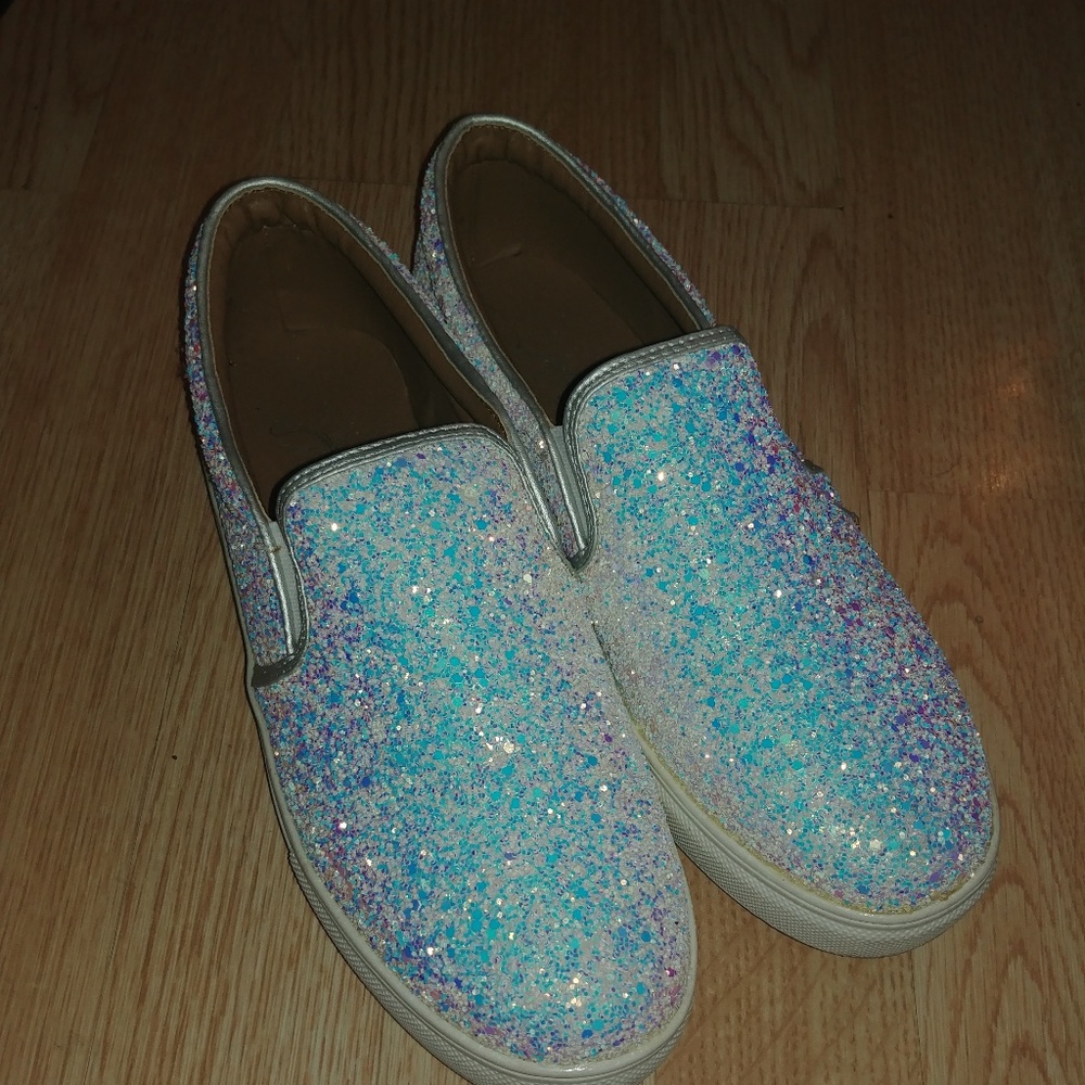 White holographic glitter slip ons